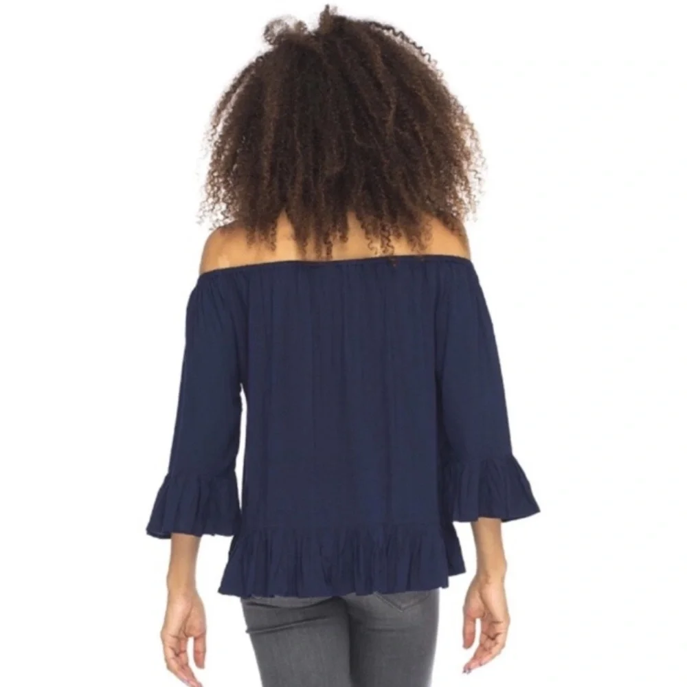 💥 CLEARANCE Embroidered Ruffled Hem and Cuffs Off Shoulder Top - Picture 2 of 7